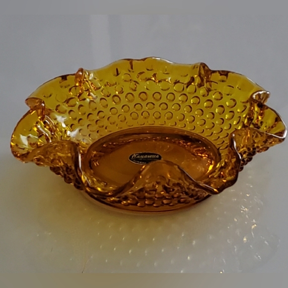 Vntg Handcrafted Kanawha Hobnail Amber Ruffled Bowl EUC - Picture 3 of 10
